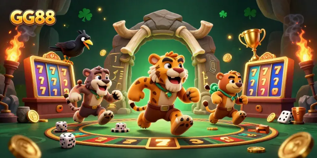 Experience thrilling slots adventures with GG88 amidst a vibrant prehistoric casino setting.