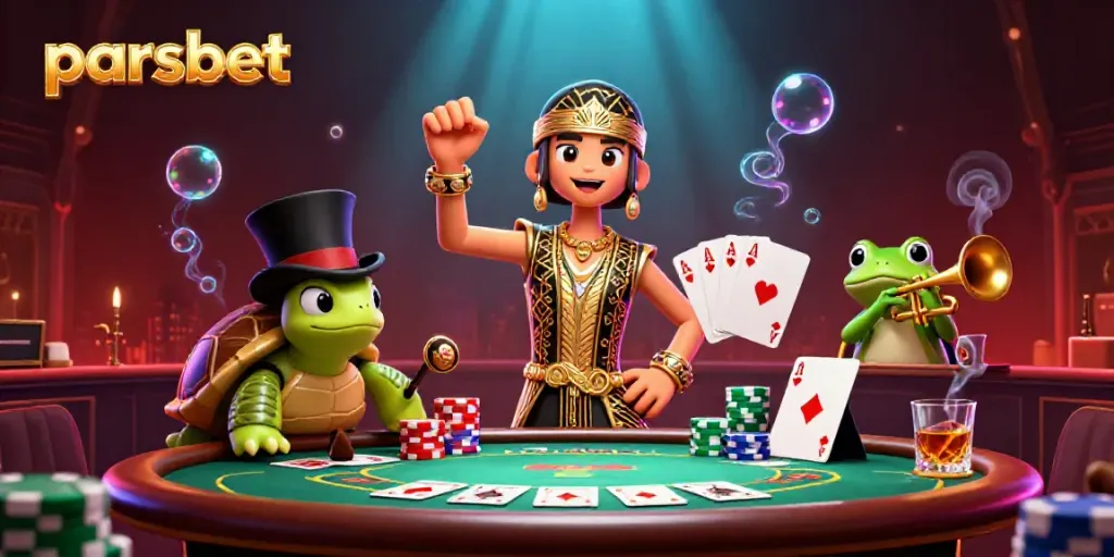 Parsbet ile kumar dünyasını keşfedin, poker masası ve karakterler içeren canlı 3D illüstrasyon.