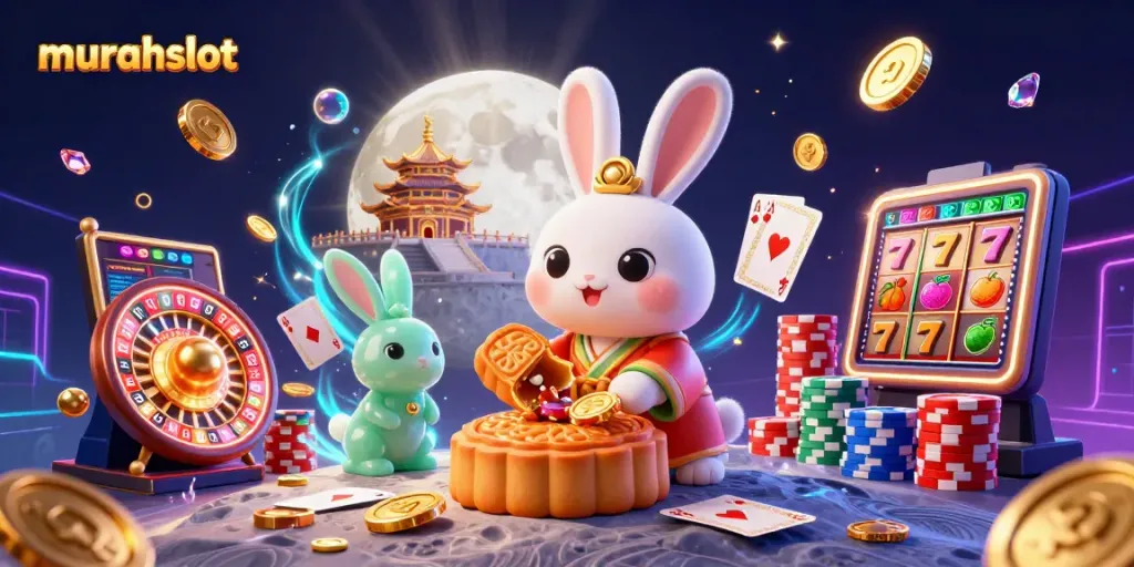 Menangkan permainan di murahslot dengan simbol mesin slot dan karakter kucing bulan yang menarik.