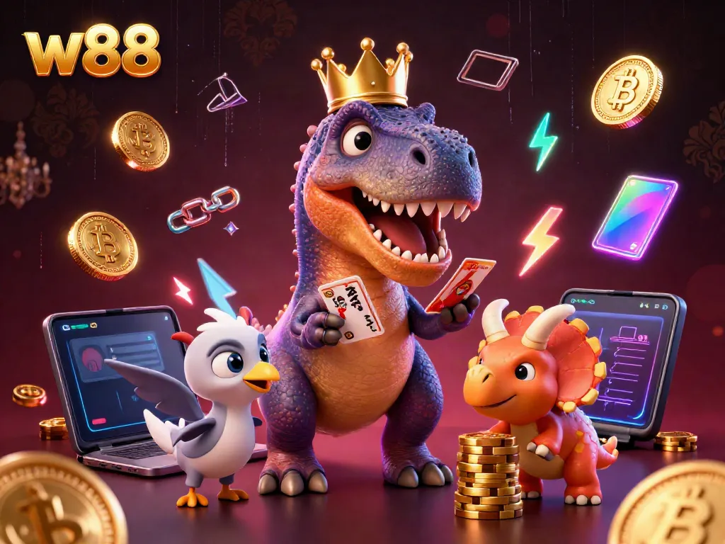 Engage in vibrant gambling adventure with w88 as a T-Rex shuffles cards alongside fun helpers in a colorful casino.