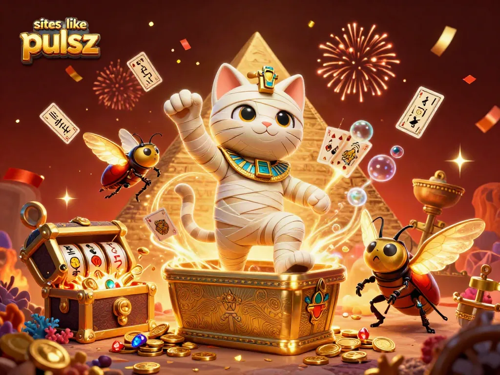Explore sites like pulsz with an Egyptian mummy cat and vibrant casino elements in this lively illustration.
