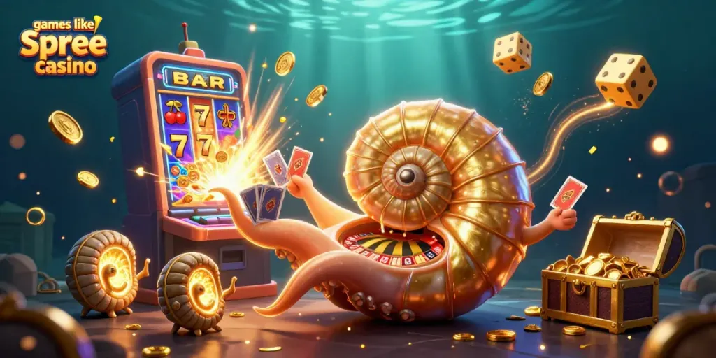 Play engaging games like Spree Casino in a vibrant underwater scene with slot machines and exciting casino elements.