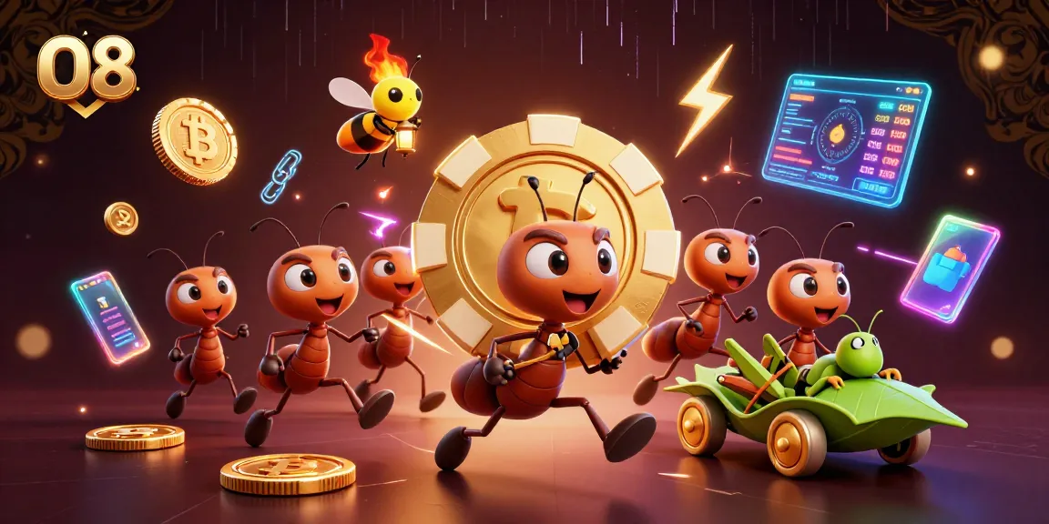 O8's team of ants steals a giant poker chip in a vibrant 3D casino scene.