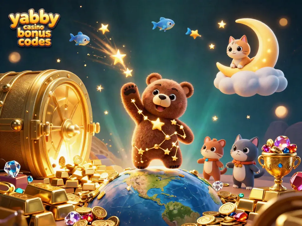 Engage with yabby casino bonus codes as a constellation bear scoops coins in a vibrant casino scene.