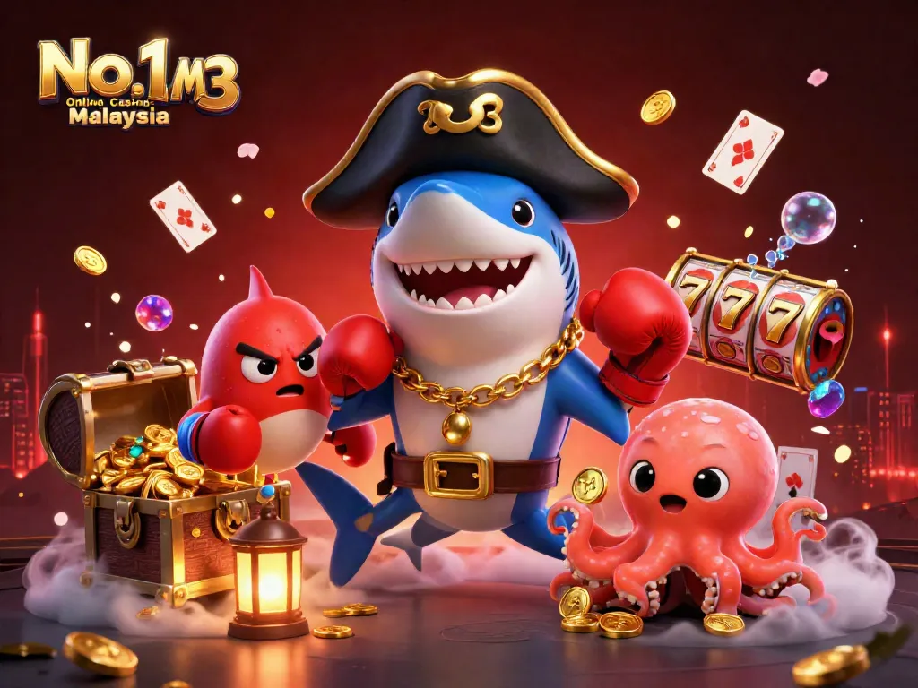 No.1 Online Casino Malaysia M3 showcases vibrant action with a playful pirate shark and friends celebrating winning casino games.