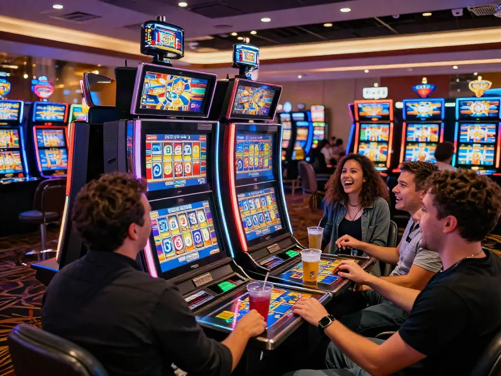 Excited group of friends enjoying slot gacor hari ini at a bustling casino, colorful machines and lively atmosphere.