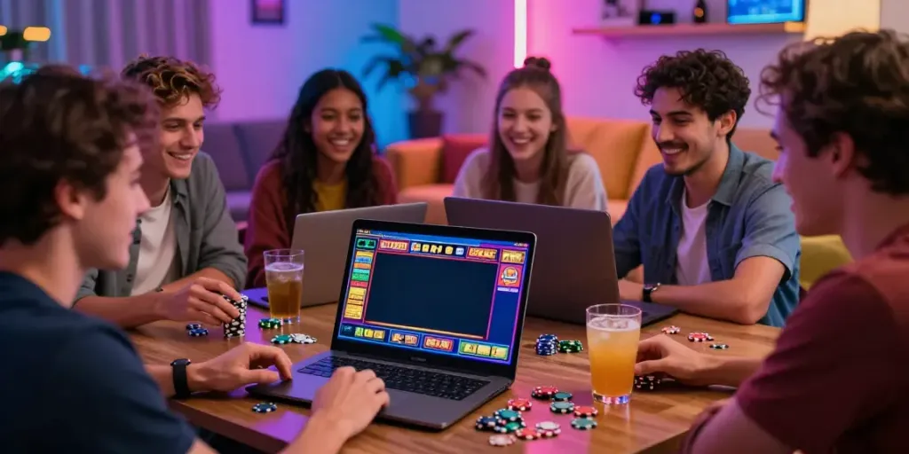 Spieler genießen Hotslots Casino mit Freunden in einem modernen Wohnzimmer, Slot-Spiele auf dem Laptop.