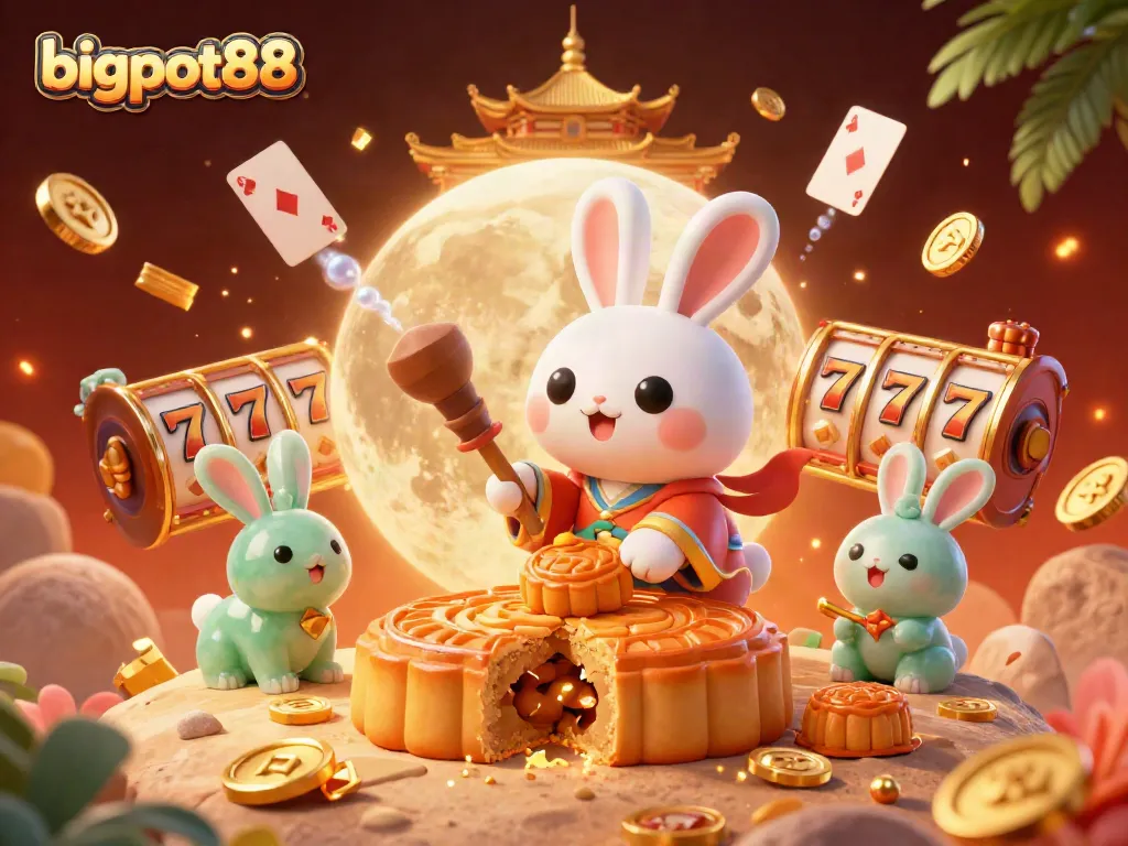 bigpot88 menghadirkan ilustrasi kasino menarik dengan kelinci bulan sedang memproduksi chip poker di bulan.