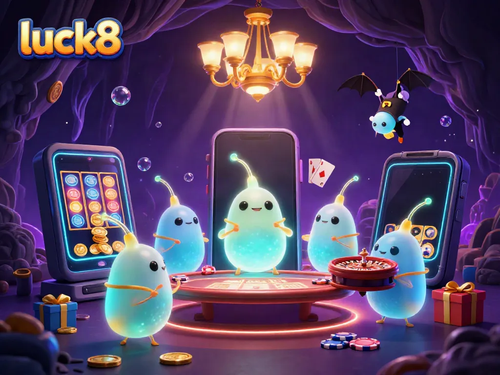 Experience the vibrant thrill of playing at luck8 with animated glowworms illuminating a lively casino scene.