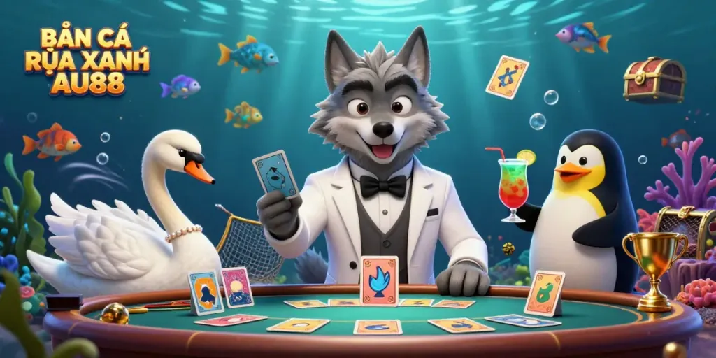 BẮN CÁ RÙA XANH AU88 showcases fun underwater fishing action with colorful fish and dynamic characters.