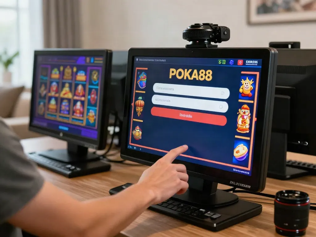 Accessing the poka88 link login on a smartphone amidst vibrant online gaming elements.