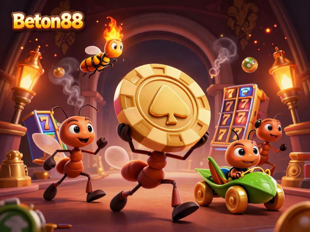 Beton88 menghadirkan tim semut kartun mencuri chip poker emas, dikelilingi simbol slot dan atmosfer kasino yang ceria.