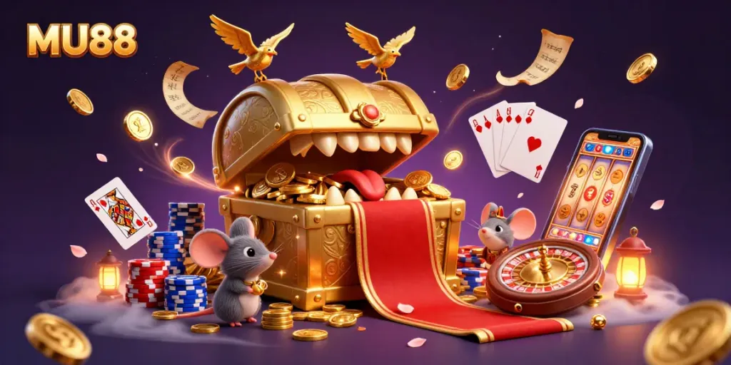 Engage in thrilling casino gameplay with MU88 as golden treasure chest mimics attract adventurer mice.
