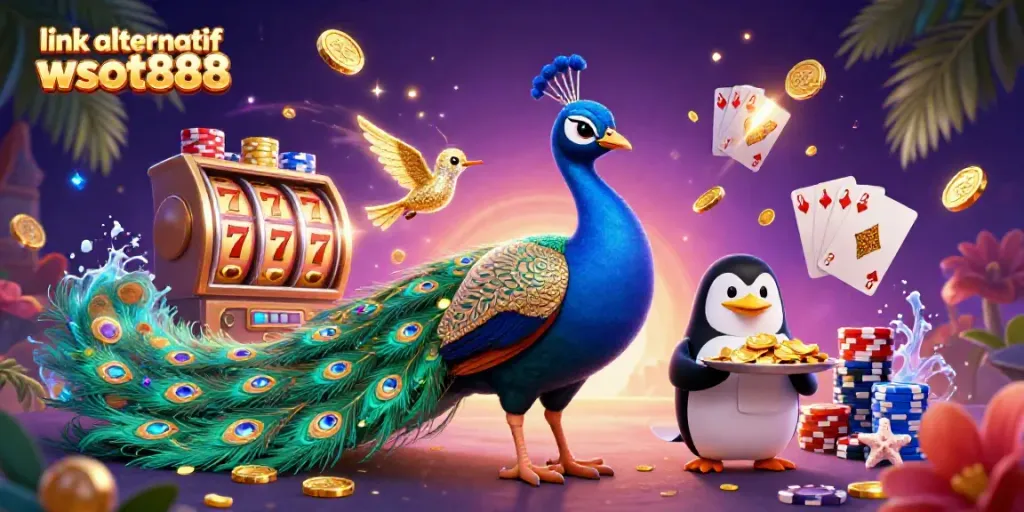 Permainan slot menyenangkan dengan link alternatif wslot888 ditampilkan dalam ilustrasi 3D.