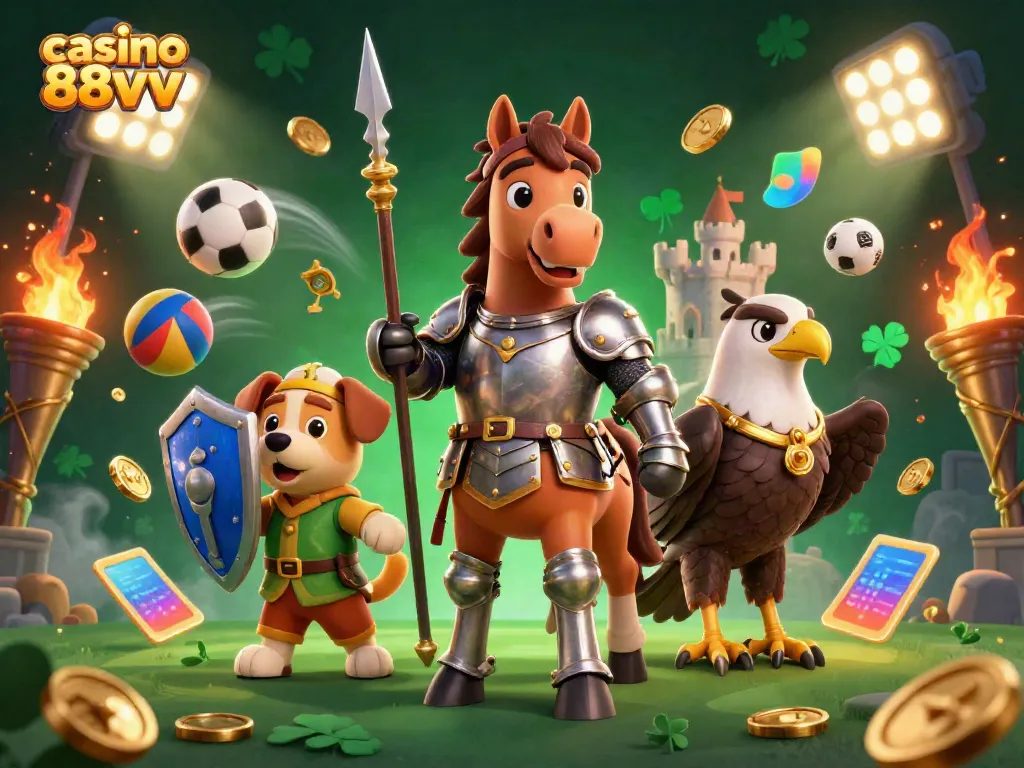 Engage in thrilling gameplay at casino 88vv with a knight and his puppy amidst dynamic gaming elements.