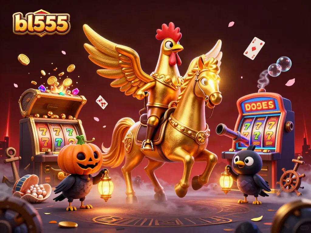 Experience the excitement of bl555 with a spectacular casino scene featuring a golden rooster and treasure!