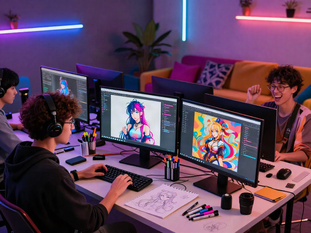 Engaging artist designing characters for hentai ai chat in a vibrant digital art studio.