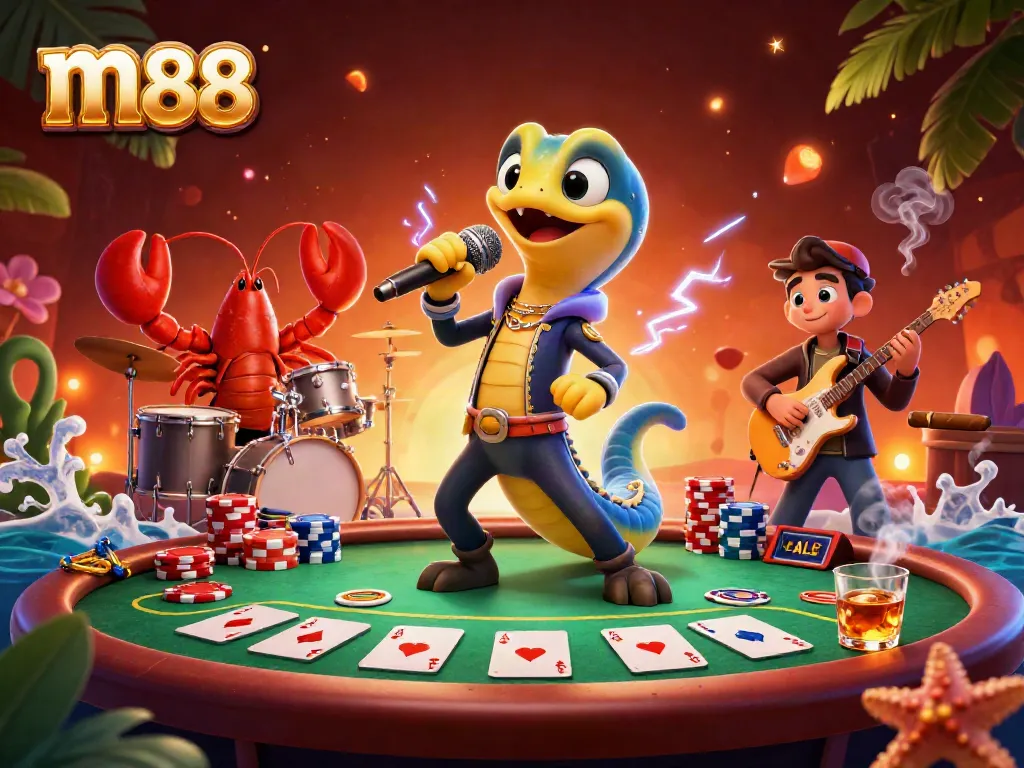 m88 online casino featuring a DJ electric eel and band, vibrant poker game atmosphere