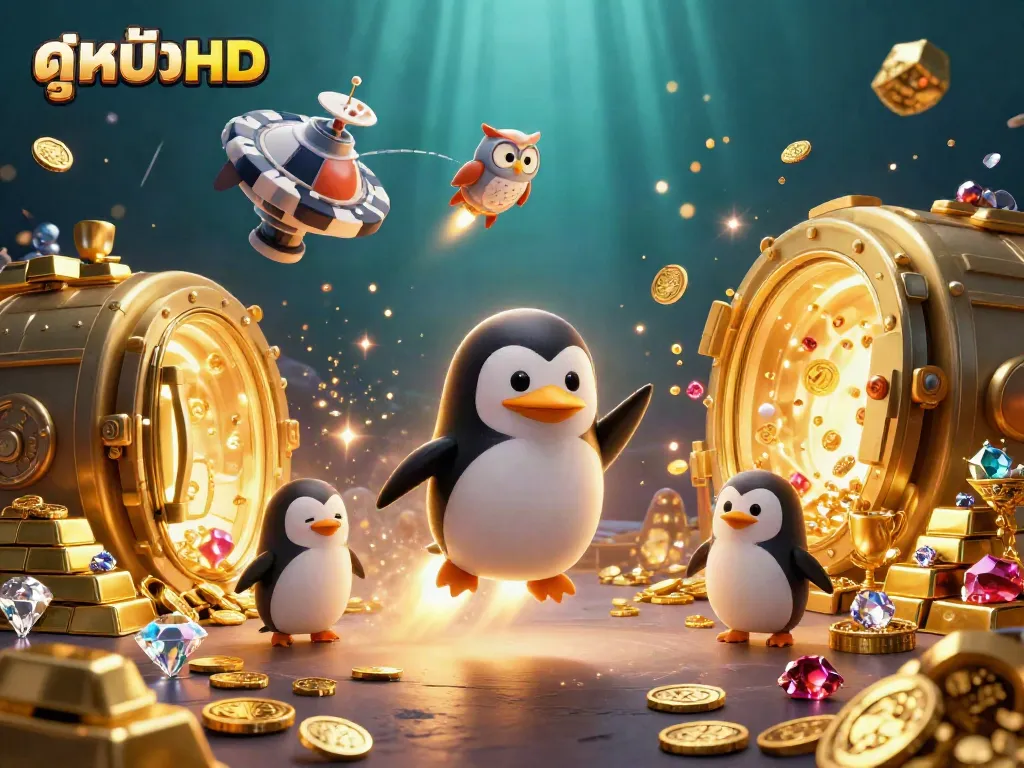 Engage in ดูหนังHD with a vibrant 3D cartoon scene of a penguin heading to a poker chip casino