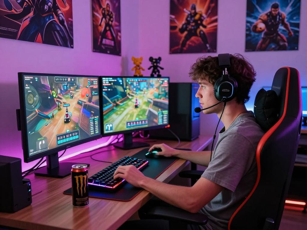 Gamer serius dengan gameplay bos88 di setup gaming modern yang penuh warna.