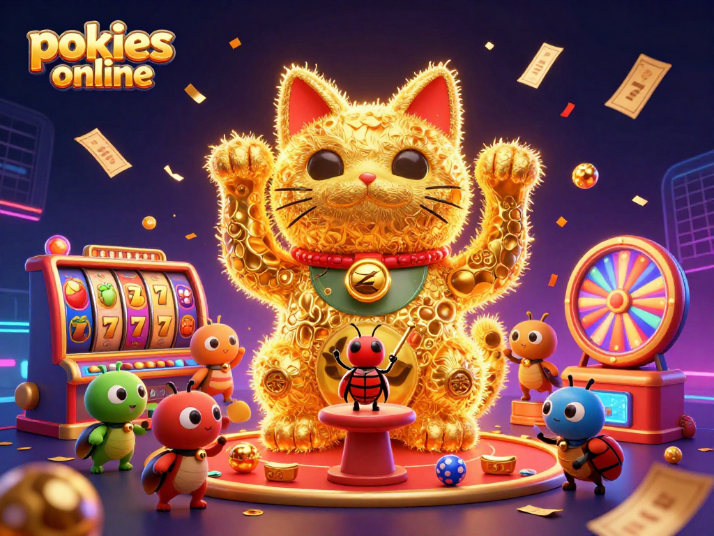 Play pokies online with a vibrant explosion of colorful slot game elements and festive characters.