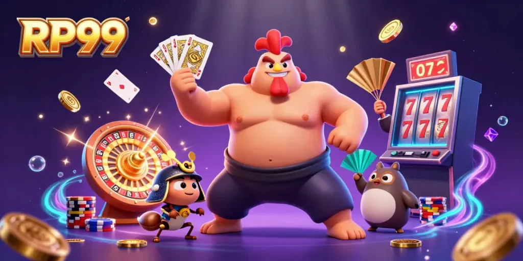 Engage with the vibrant RP99 casino experience featuring a powerful sumo rooster and a fierce cricket.