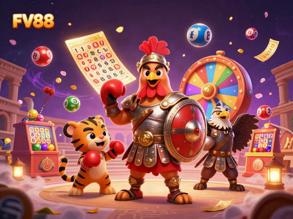 Experience thrilling moments at FV88 with a gladiator rooster and dynamic lottery elements.