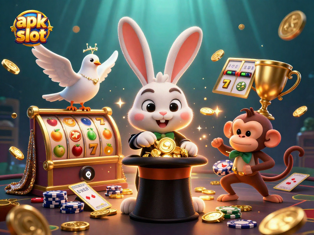 Gambarkan aksi permainan apk slot dengan karakter kelinci penyihir, burung merpati, dan monyet mencuri chip.