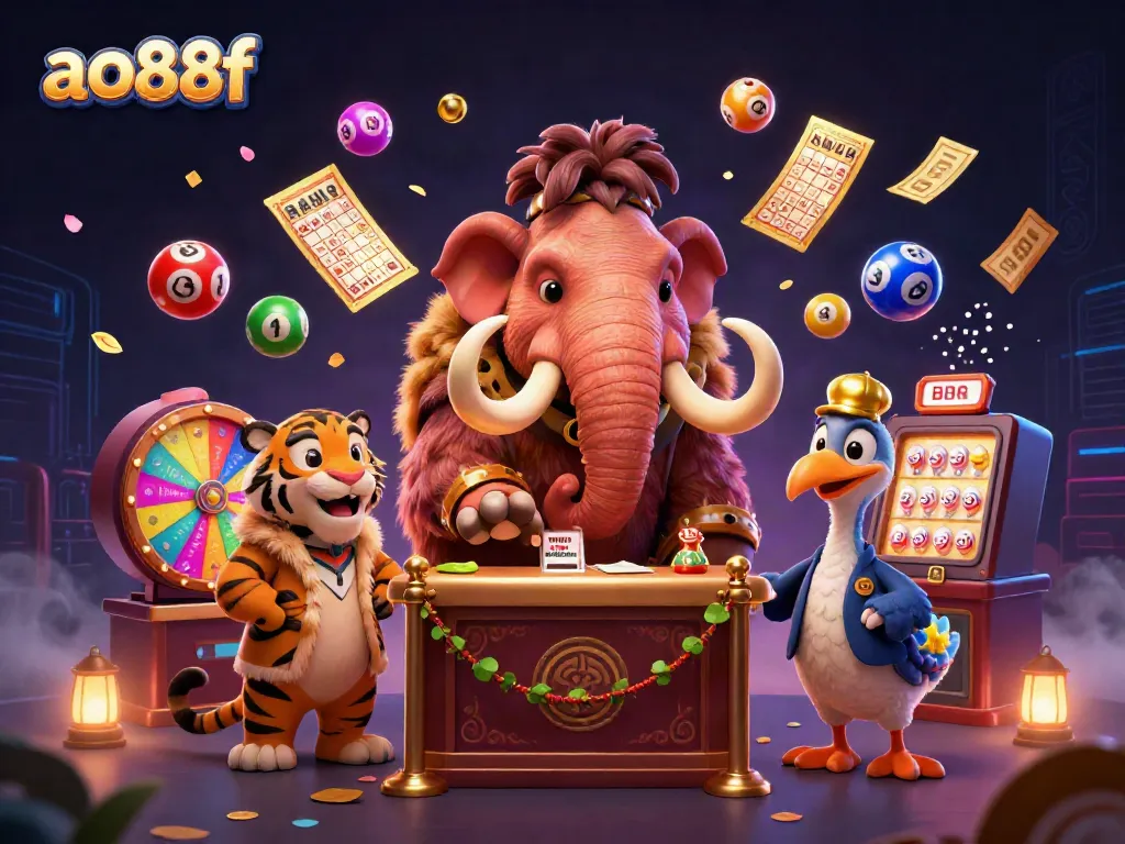Engage in vibrant gaming dynamics at ao88f, featuring a mammoth bouncer, VIP saber-tooth tiger, and lively lottery elements.