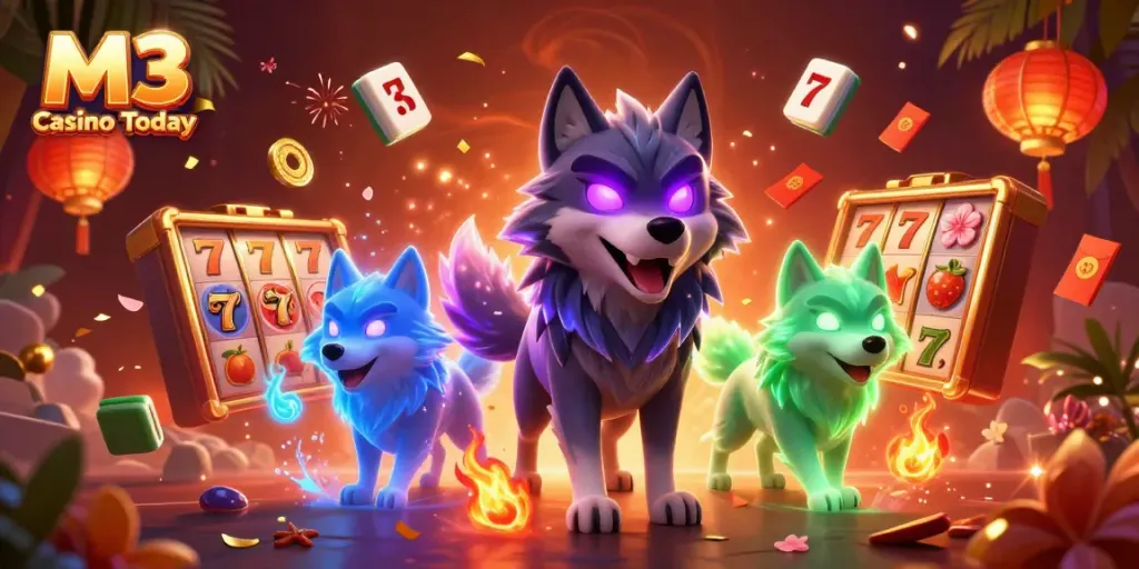 Experience the thrill of M3 Casino Today with vibrant gaming visuals featuring magical wolf characters, slot reels, and festive elements.