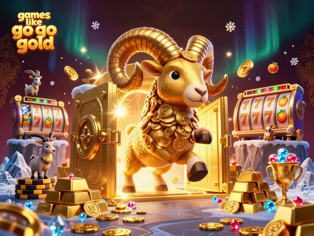 Engaging scene illustrating games like go go gold with a golden ram and slot elements bursting with jewels.