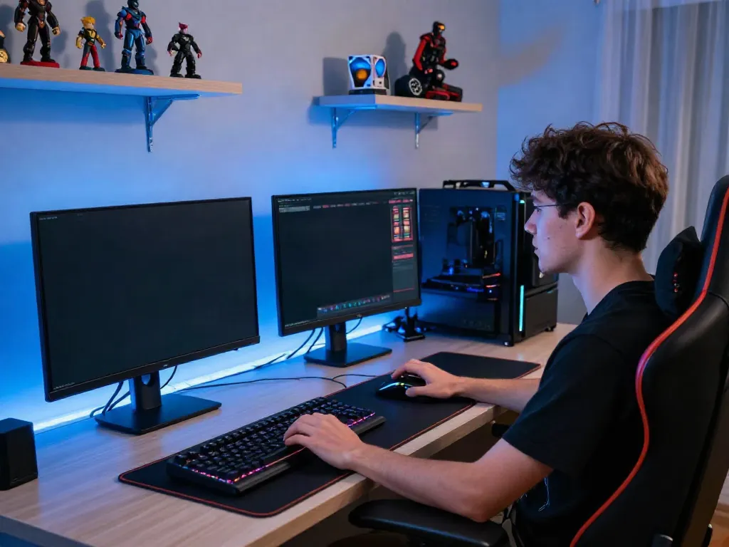 Engaged player enjoying akunjp online gaming on multiple monitors.