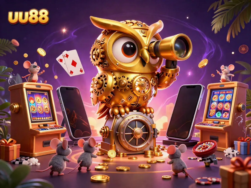 Experience the excitement of uu88 slots with a dynamic scene of 3D cartoon characters exploring a lavish casino.