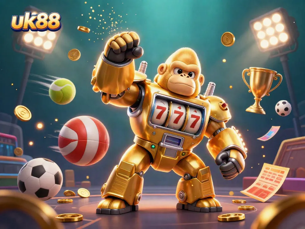 Experience thrilling gaming with uk88, featuring a dynamic gorilla mech and energetic casino elements.