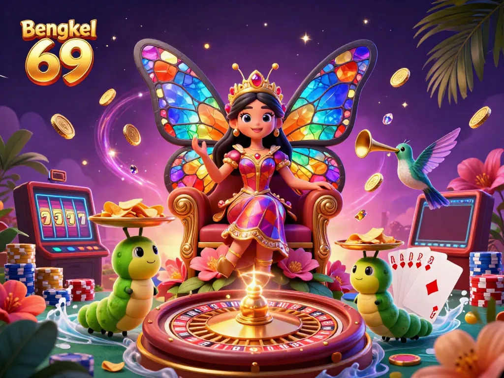 Bengkel 69 showcases a vibrant 3D illustration of a butterfly queen in a casino with golden coins and slot machines.