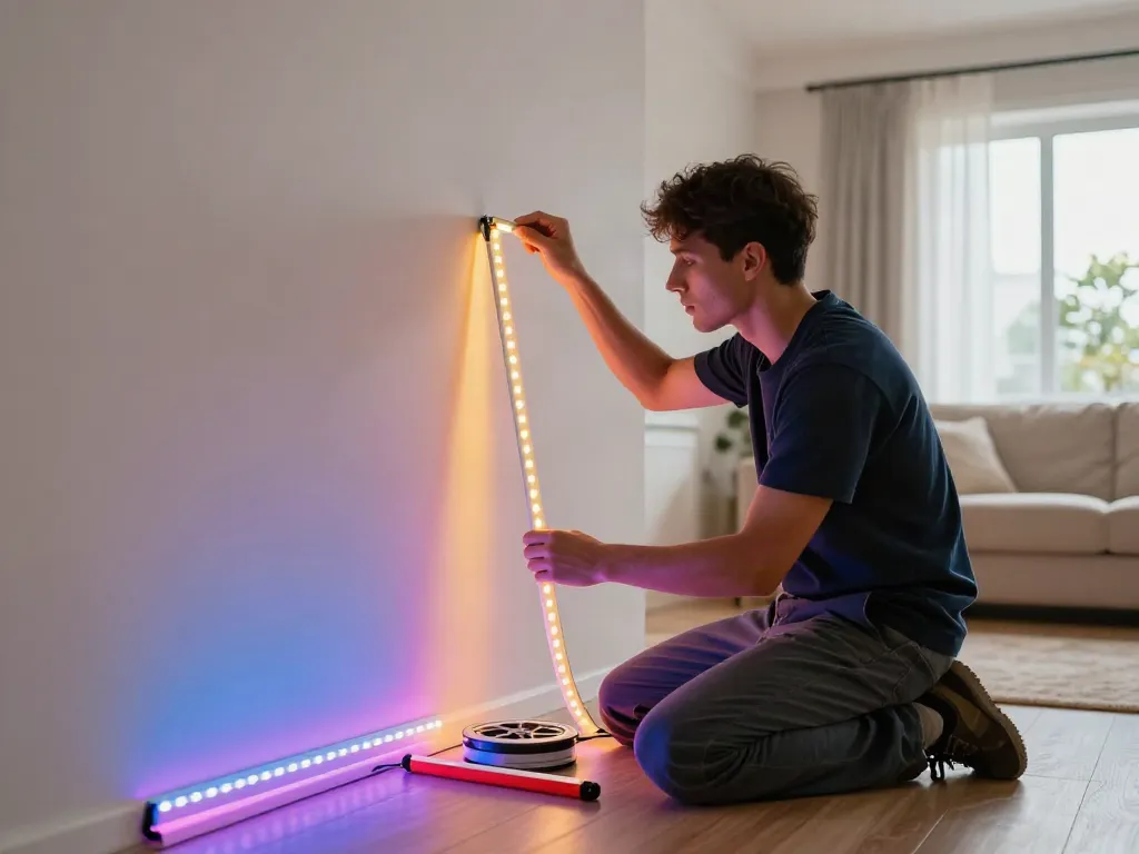 Banda LED 220V instalată profesional în living, iluminat local de încredere.