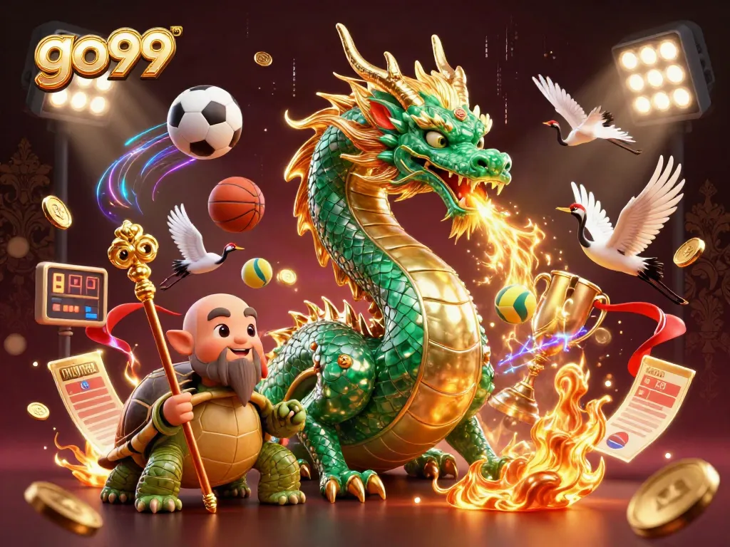 Experience winning excitement with go99's vibrant gaming scene featuring a jade dragon and lucky cranes.