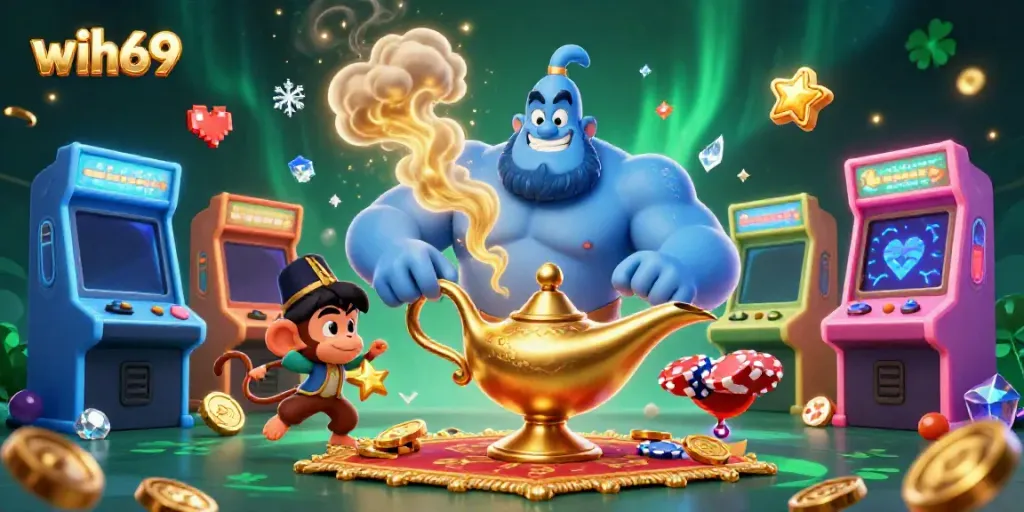 Menangkan permainan di WIH69 dengan genie biru dan karakter kasino menarik!