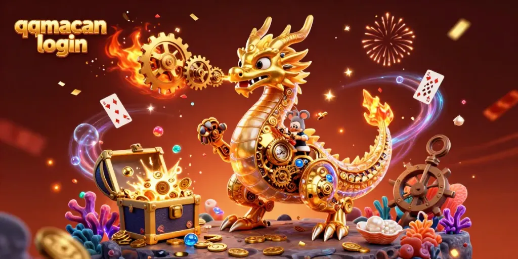 Engage with the thrilling qqmacan login scene featuring a golden dragon amidst treasures and celebration.
