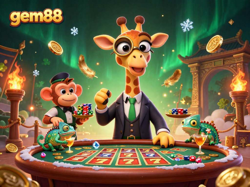 gem88 high-roller giraffe at a vibrant poker scene surrounded by dynamic casino elements