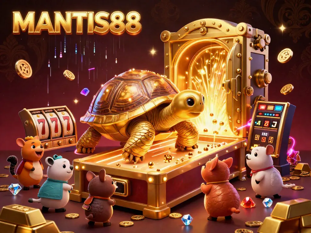 Experience the exciting world of MANTIS88 with a 3D illustration featuring a golden tortoise pinball machine and vibrant slot elements.
