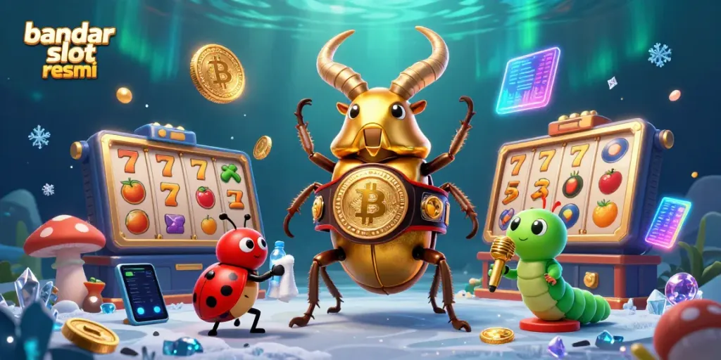 Gamer meraih kemenangan besar dengan bandar slot resmi dalam ilustrasi 3D yang berwarna-warni dan menarik.