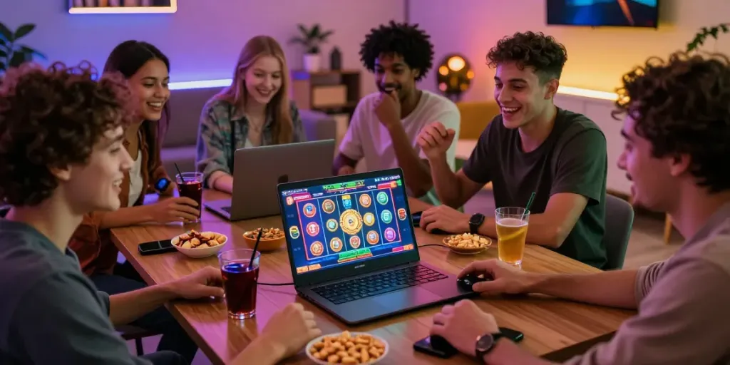 Friends enjoying a slot game together in a vibrant online casino atmosphere.
