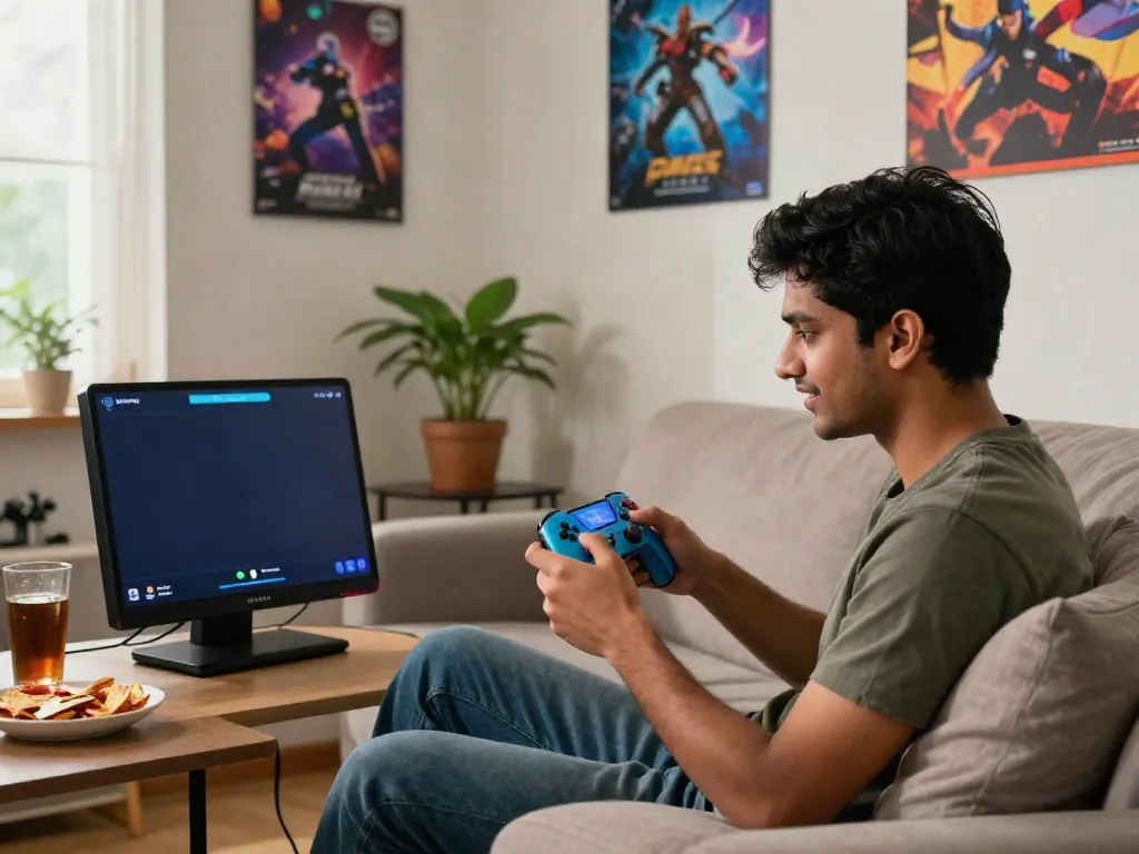 Young male enjoying Yono Arcade on smartphone in cozy gaming environment.