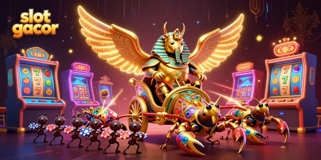 Slot gacor menyajikan ilustrasi kolosal dengan simbol keberuntungan dan atmosfer kasino yang dinamis.