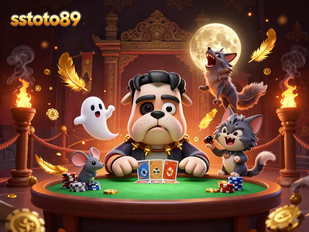 Gambar sstoto89 menampilkan anjing Frankenstein yang bermain kartu di meja kasino yang spooky.