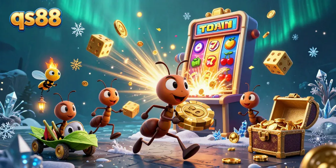 Join the qs88 heist with a dynamic scene of cartoon ants, jackpots, and casino elements in a vivid 3D illustration.