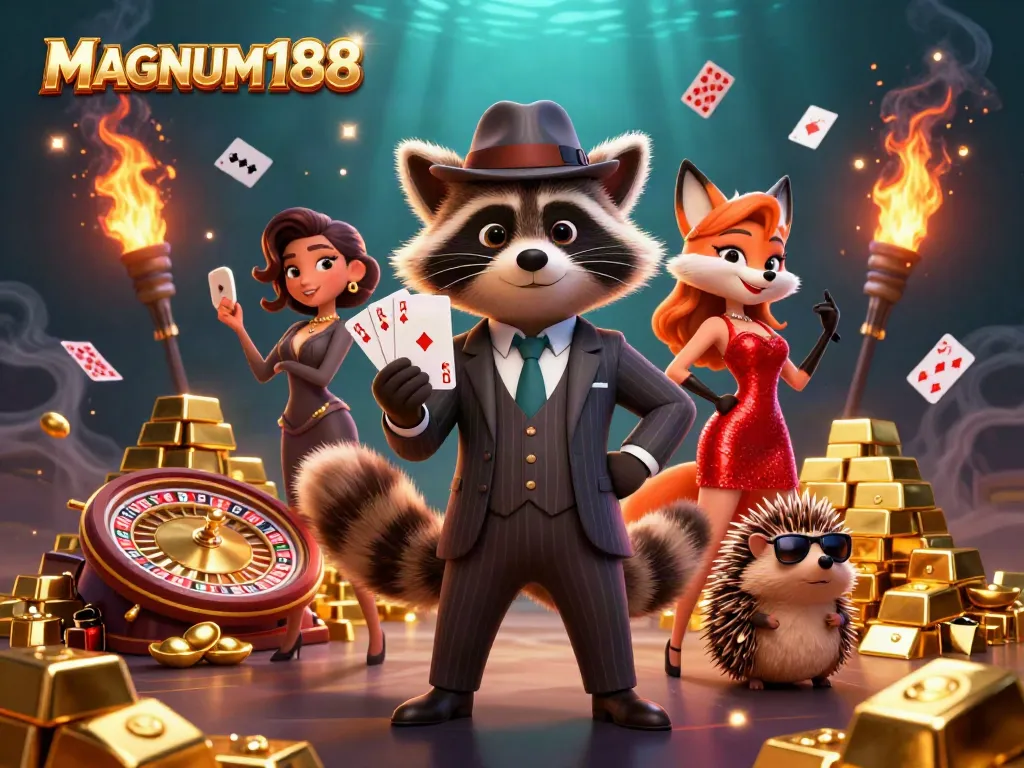 Win big with MAGNUM188 in this vibrant casino illustration featuring a raccoon and fox.