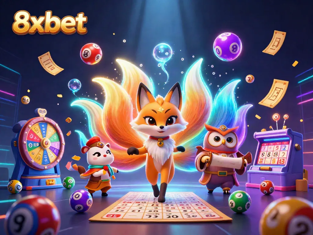 Join the 8xbet excitement with a vibrant, magical illustration featuring a glowing nine-tailed fox, lucky lottery elements, and celebratory effects.