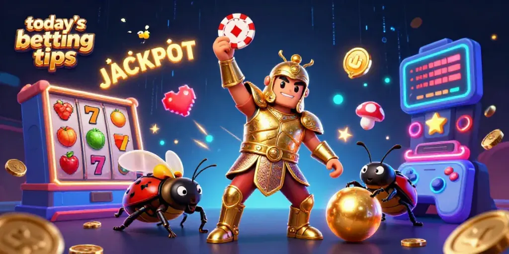 Engaging scene of today's betting tips featuring a heroic beetle lifting a poker chip, surrounded by slot elements.